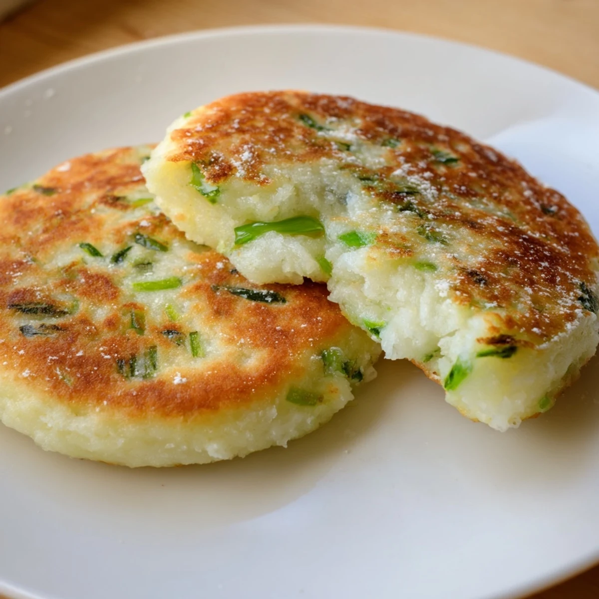 Hearty Irish Potato Cakes with Scallions ready to eat alongside fluffy scrambled eggs.