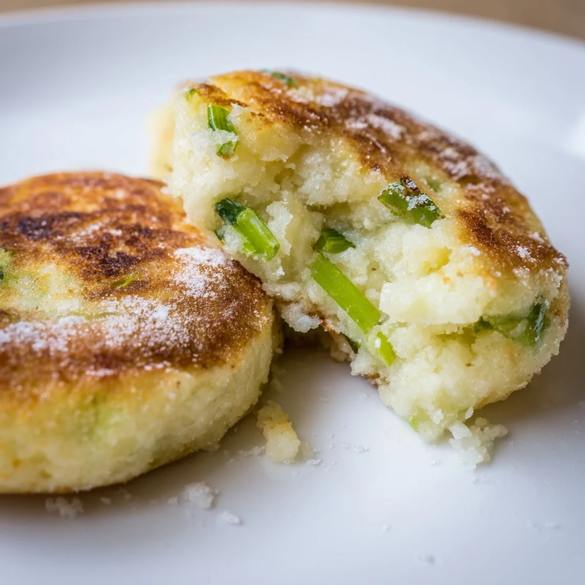 Fluffy Irish Potato Cakes with Scallions pan-fried and paired with a dollop of sour cream.