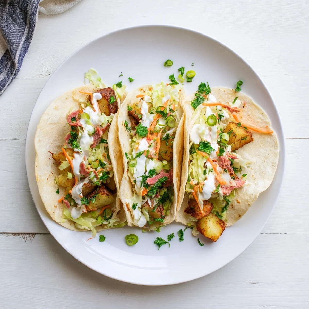 Délicieux Irish tacos empilés garnis de slaw de chou frais et bœuf corned beef savory sur assiette