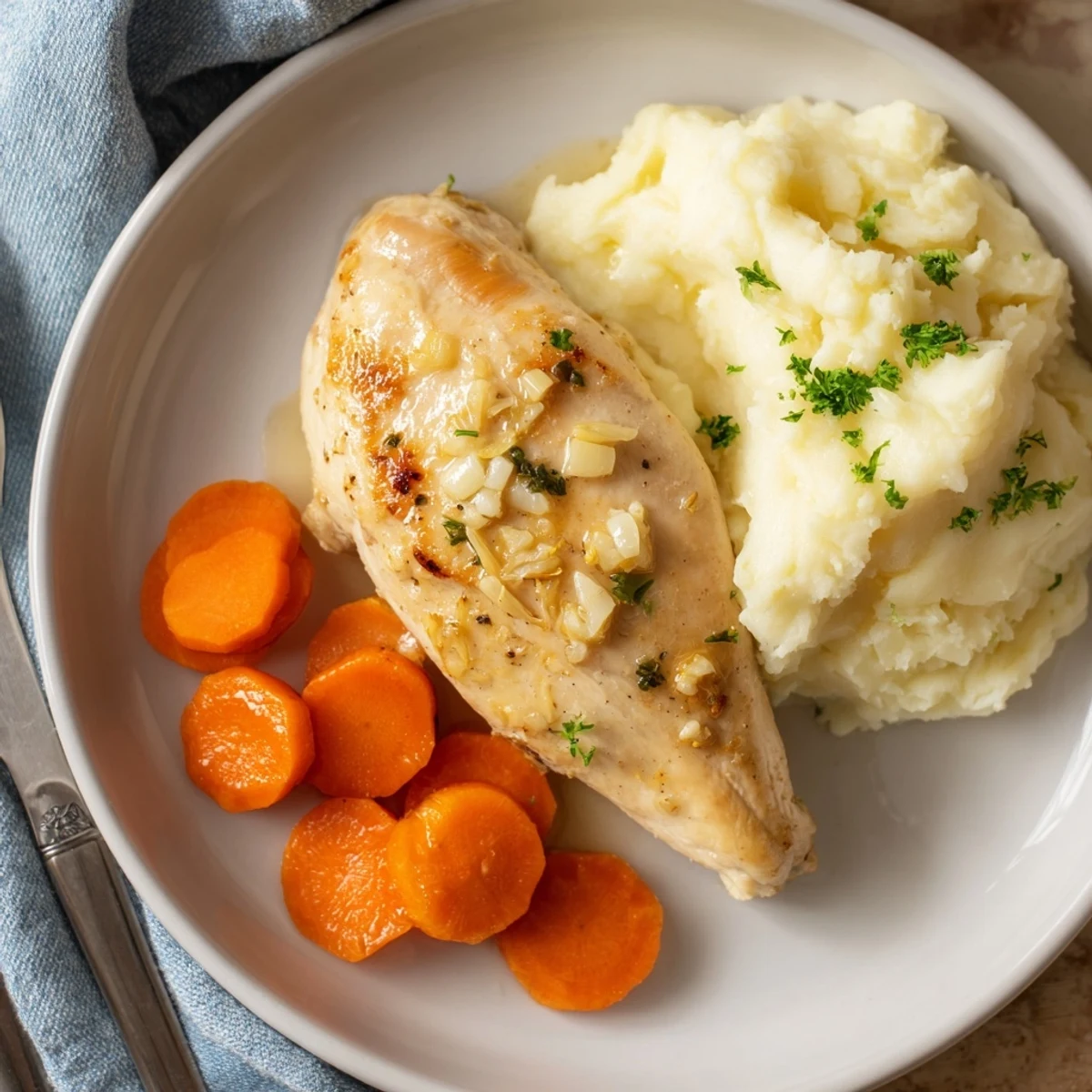 Poulet aux herbes et ail avec purée de pommes de terre onctueuse et carottes glacées