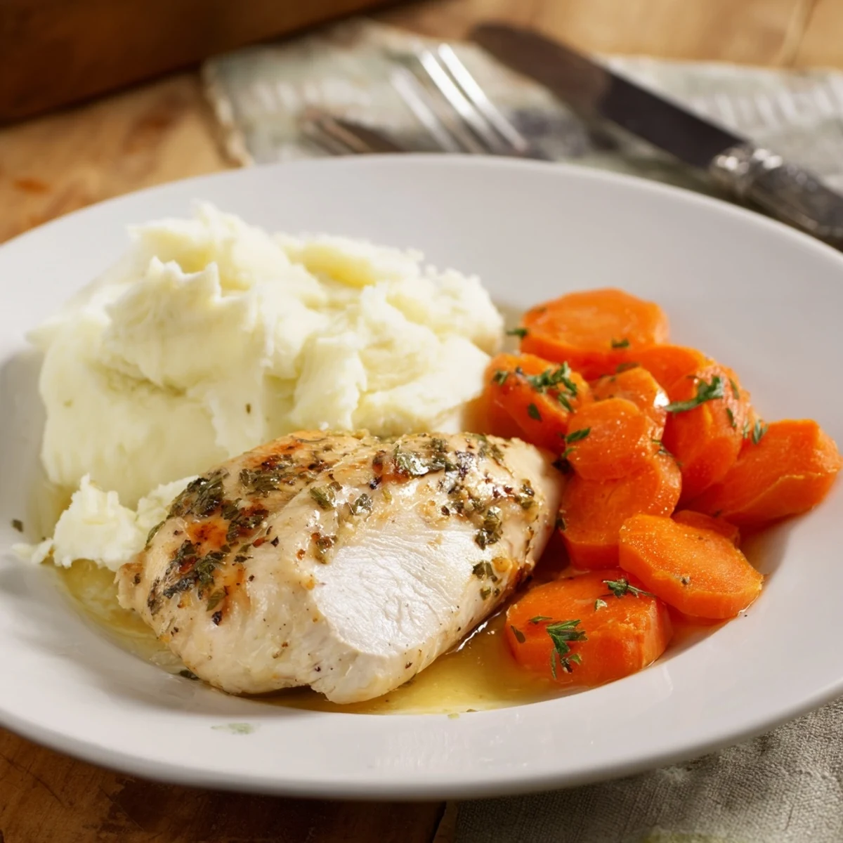 Poulet mariné à l'ail et aux herbes servi avec purée crémeuse et carrots