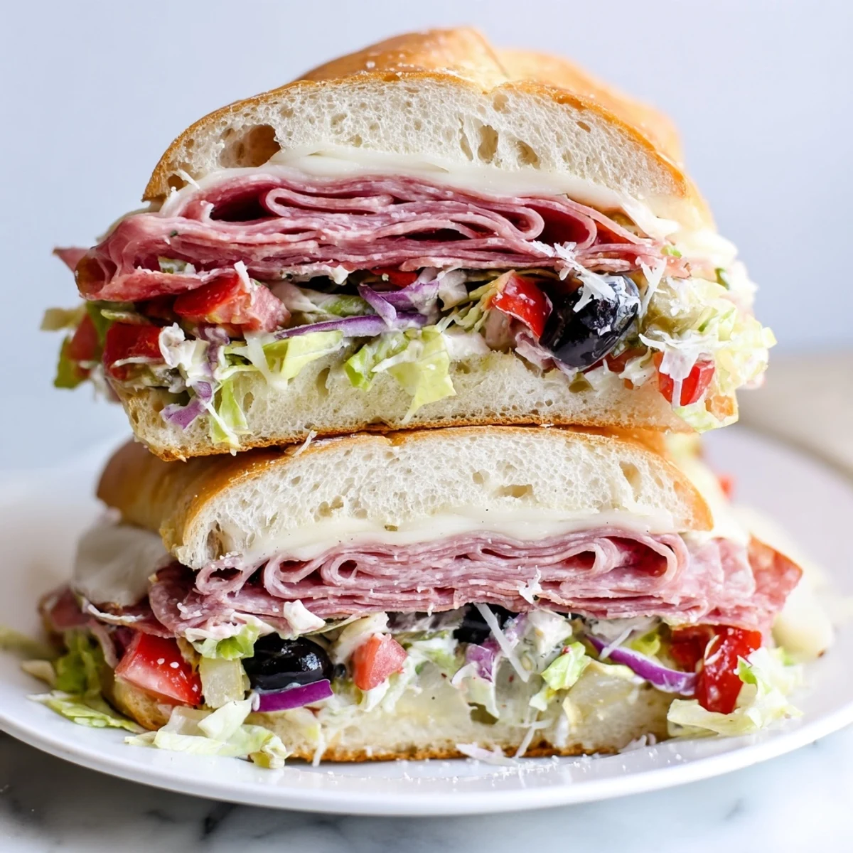 Italian grinder salad sandwich avec fromage fondu, viandes charcuteries et légumes frais sur pain croustillant