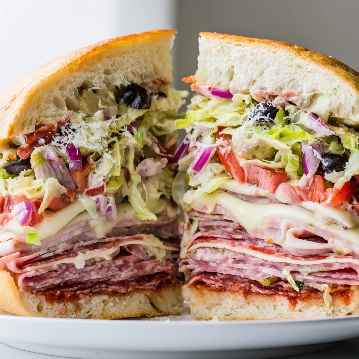 Délicieux sandwich grinder italien empilé de salade croquante, charcuteries variées et fromage fondu