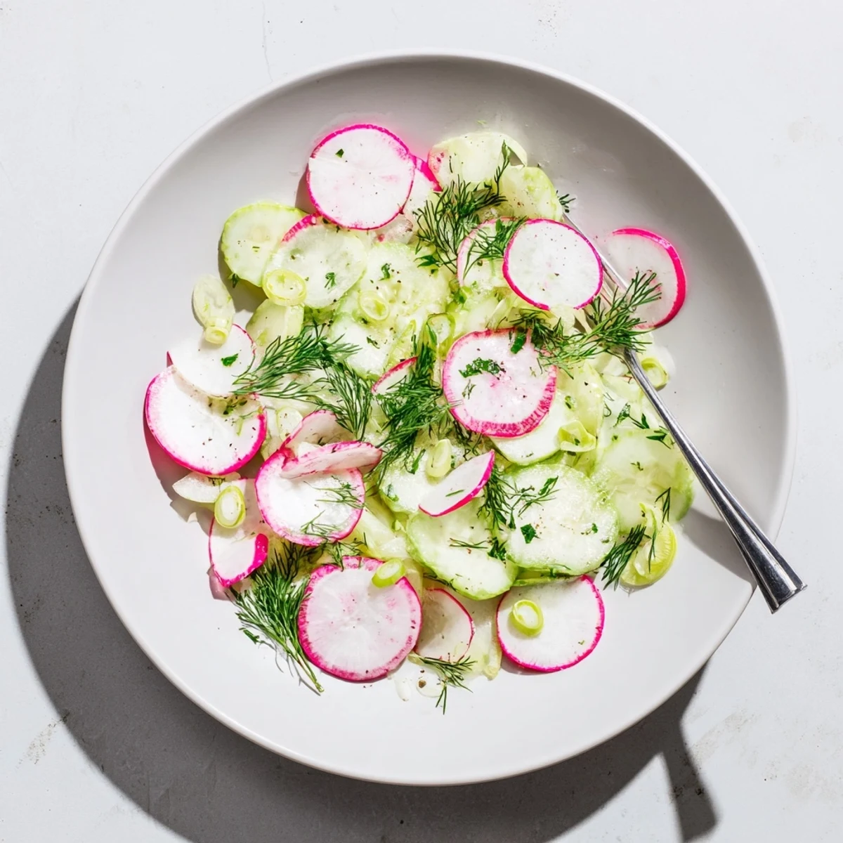 Texte ALT 2 : Bol de salade croquante au radis et concombre dans une assiette blanche