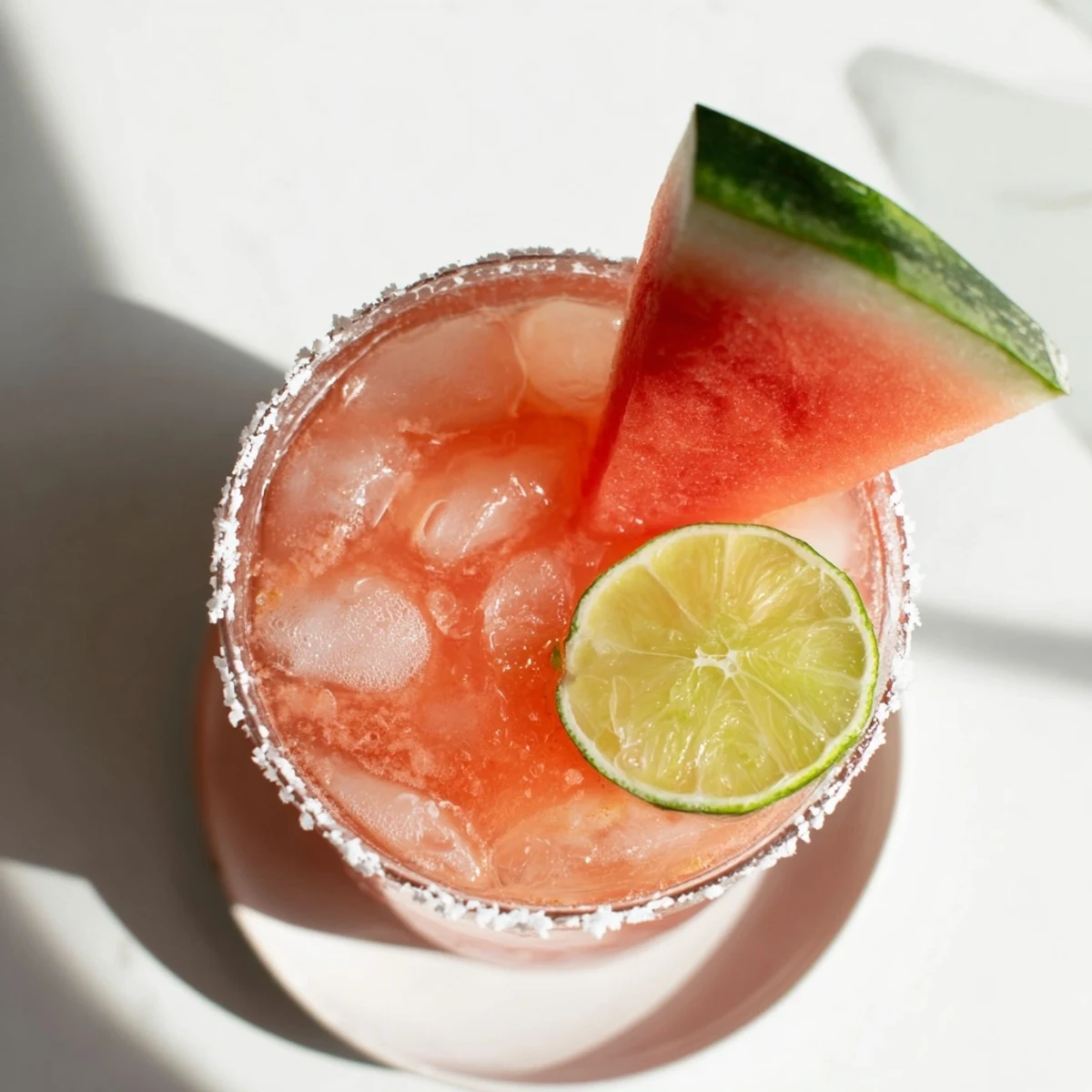 Watermelon margarita mocktail servie dans un verre bordé de sel avec glace et quartiers de lime frais