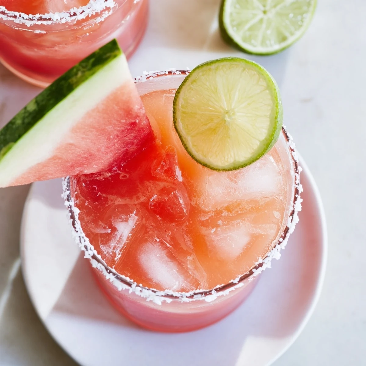 Mocktail watermelon margarita rose vif dans un verre à margarita garni de tranches de pastèque juteuses