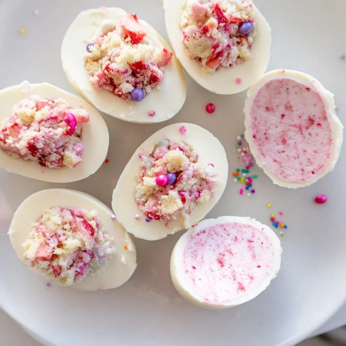 Texte ALT 1 : Délicieuses bombes œuf de Pâques au Strawberry Shortcake avec coquilles de chocolat blanc et garniture crémeuse aux fraises