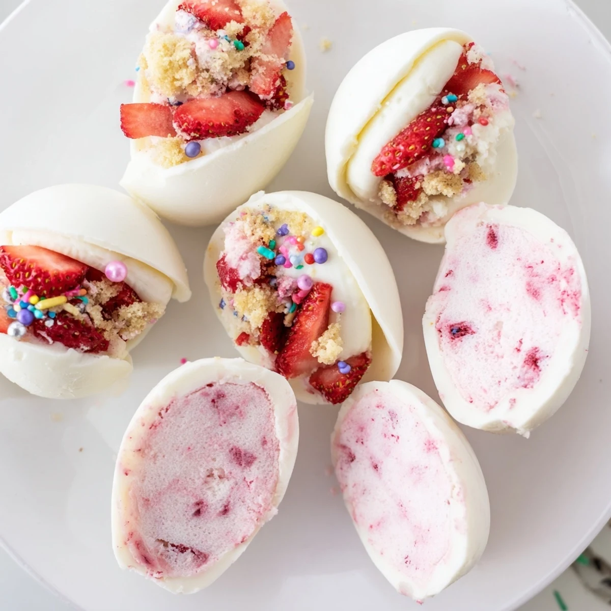 Texte ALT 2 : Dessert festif de printemps présentant des coquilles d'œufs en chocolat blanc farcies de mélange onctueux de fraises et de shortcake