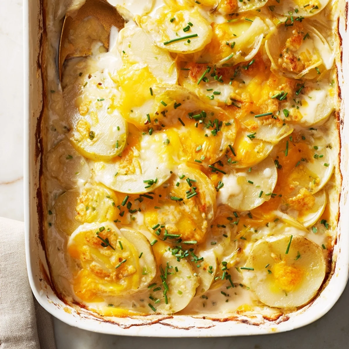 Cheesy potatoes au gratin with Gruyère baked golden brown in creamy sauce