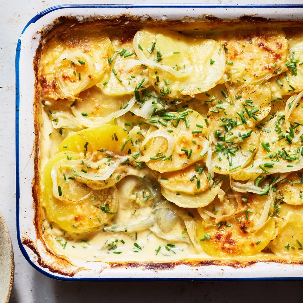 Tender sliced potatoes layered with melted Gruyère cheese in bubbling gratin dish
