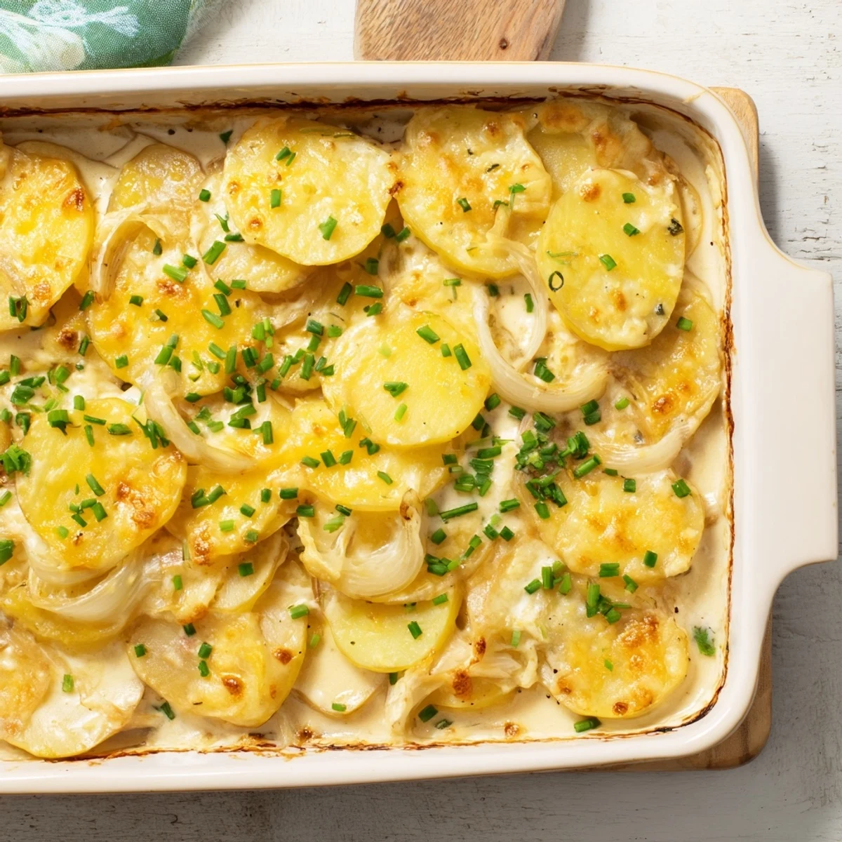 Golden brown potatoes au gratin topped with Gruyère and fresh chives garnish