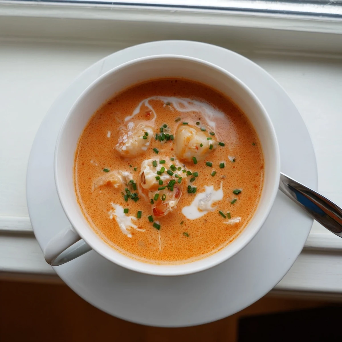 Creamy seafood bisque with tender shrimp, scallops, and crab in an elegant white bowl
