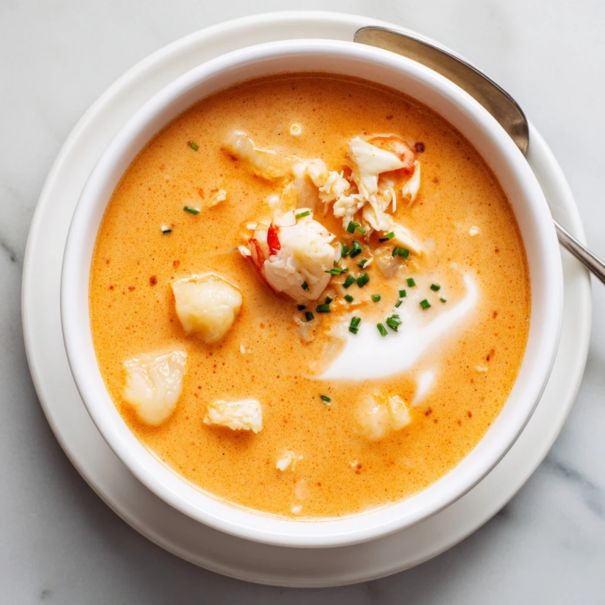 Velvety smooth seafood bisque garnished with fresh chives over a rustic wooden table