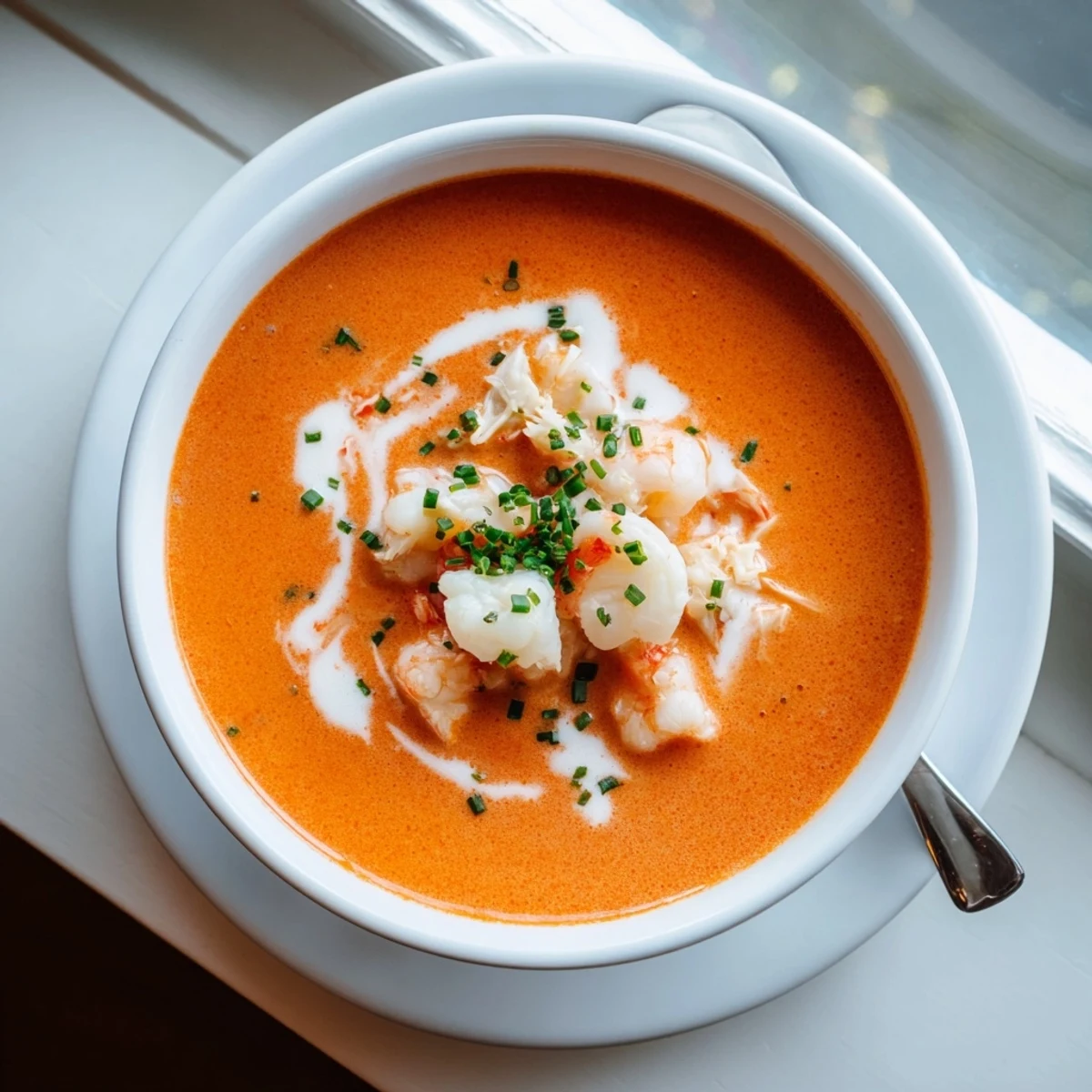 Rich French seafood bisque featuring lump crab, shrimp, and scallops with crusty bread