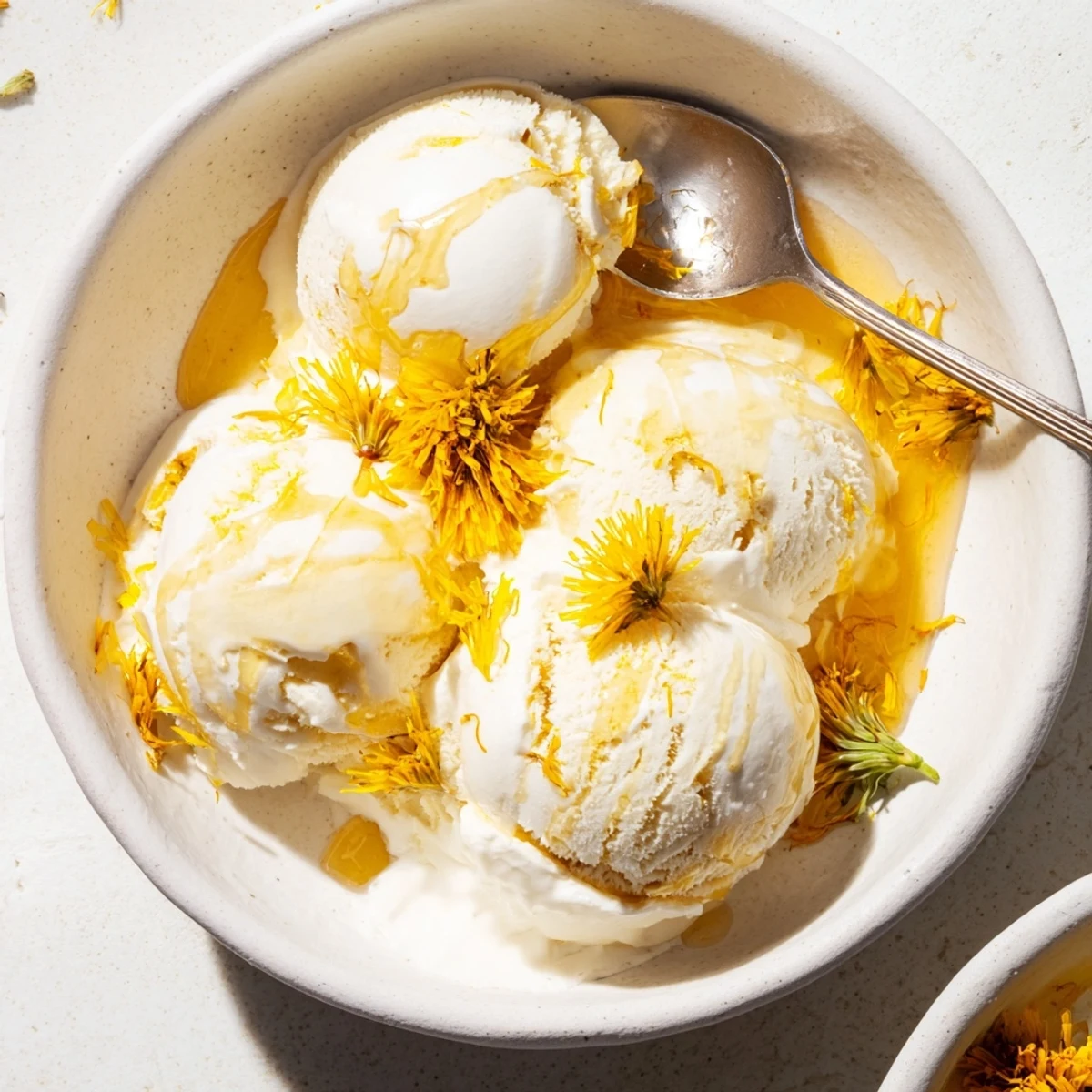 Scoop floral Dandelion Honey Ice Cream garnished with golden petals and honey drizzle on white plate