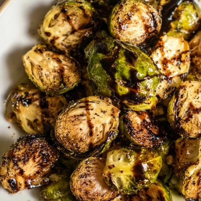 Choux de Bruxelles au balsamique sortant du four, avec une sauce réduite brillante et une texture croustillante.