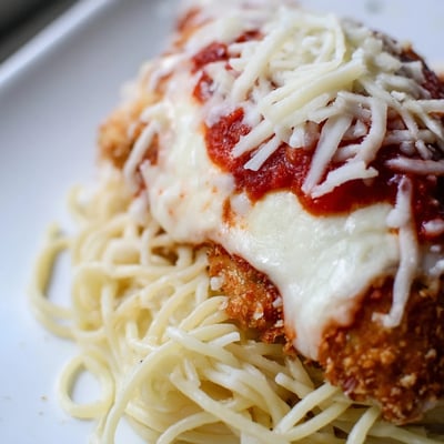 Juicy breaded chicken, rich tangy marinara, and al dente spaghetti, served steaming on a white plate.