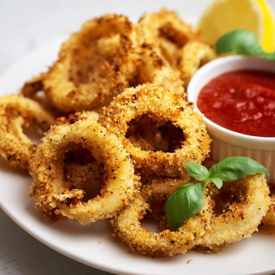 Golden rings of Crispy Calamari with Marinara Dipping Sauce, crunchy and perfectly paired with tangy marinara.