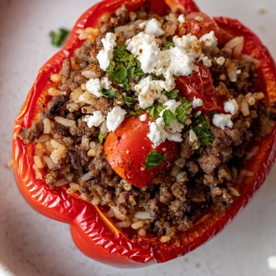 Freshly baked Mediterranean Stuffed Bell Peppers with Beef reveal spiced beef and rice inside tender peppers. 