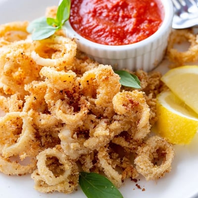 Golden Crispy Calamari with Marinara Dipping Sauce resting on parchment with a bowl of zesty tomato sauce