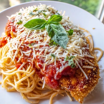 Crispy breaded chicken breast topped with gooey cheese beside a forkful of spaghetti marinara.