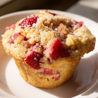 Les Strawberry Rhubarb Muffins sont présentés sur une planche en bois avec des fraises fraîches et de la rhubarbe