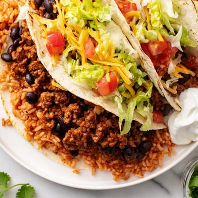 Ce Beef Burrito with Beans and Mexican Rice fumant est servi avec de la crème aigre et de la coriandre fraîche.