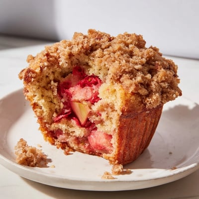 Un panier de Strawberry Rhubarb Muffins with Streusel dorés, au cœur moelleux et au parfum printanier, parfaits pour le petit-déjeuner.