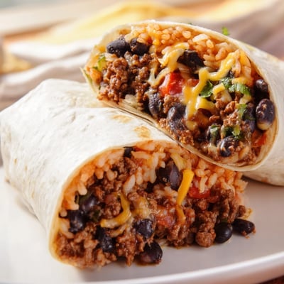 Un burrito au bœuf garni de haricots crémeux et de riz parfumé, servi avec de la crème fraîche et des quartiers de citron vert.