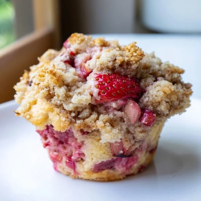 Moist Strawberry Rhubarb Muffins with Streusel bursting with red fruit, served warm on a white plate for breakfast.