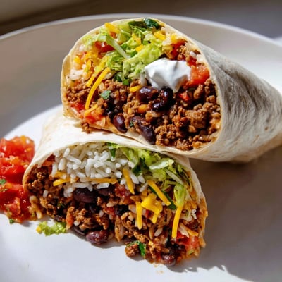Ce burrito au bœuf et riz est rempli de haricots savoureux, de laitue croquante et de crème sure, parfait pour un repas copieux.