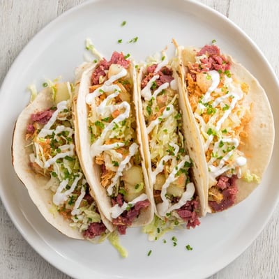 Tacos irlandais fusion avec chou croquant et crème sure dans des tortillas chauds prêts à déguster