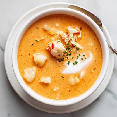 Velvety smooth seafood bisque garnished with fresh chives over a rustic wooden table